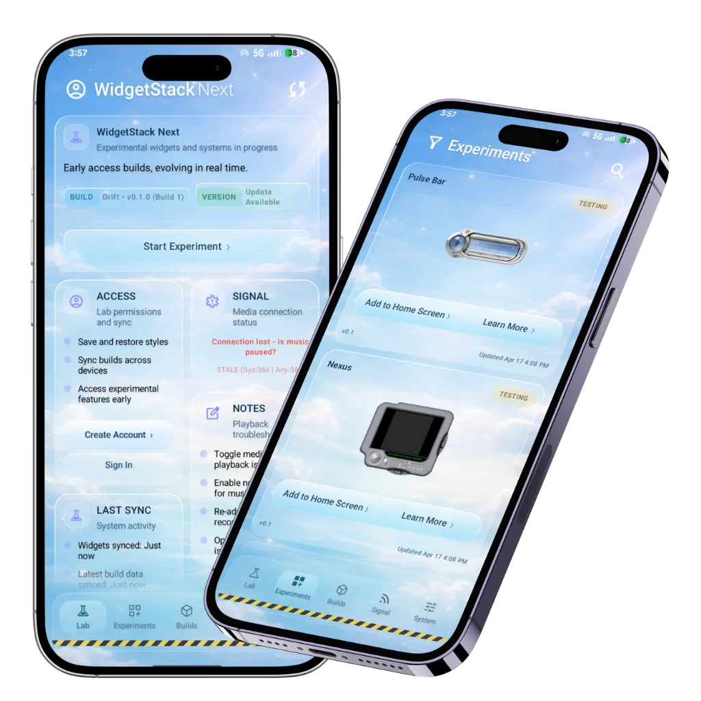 WidgetStack Next app screens showing experimental builds