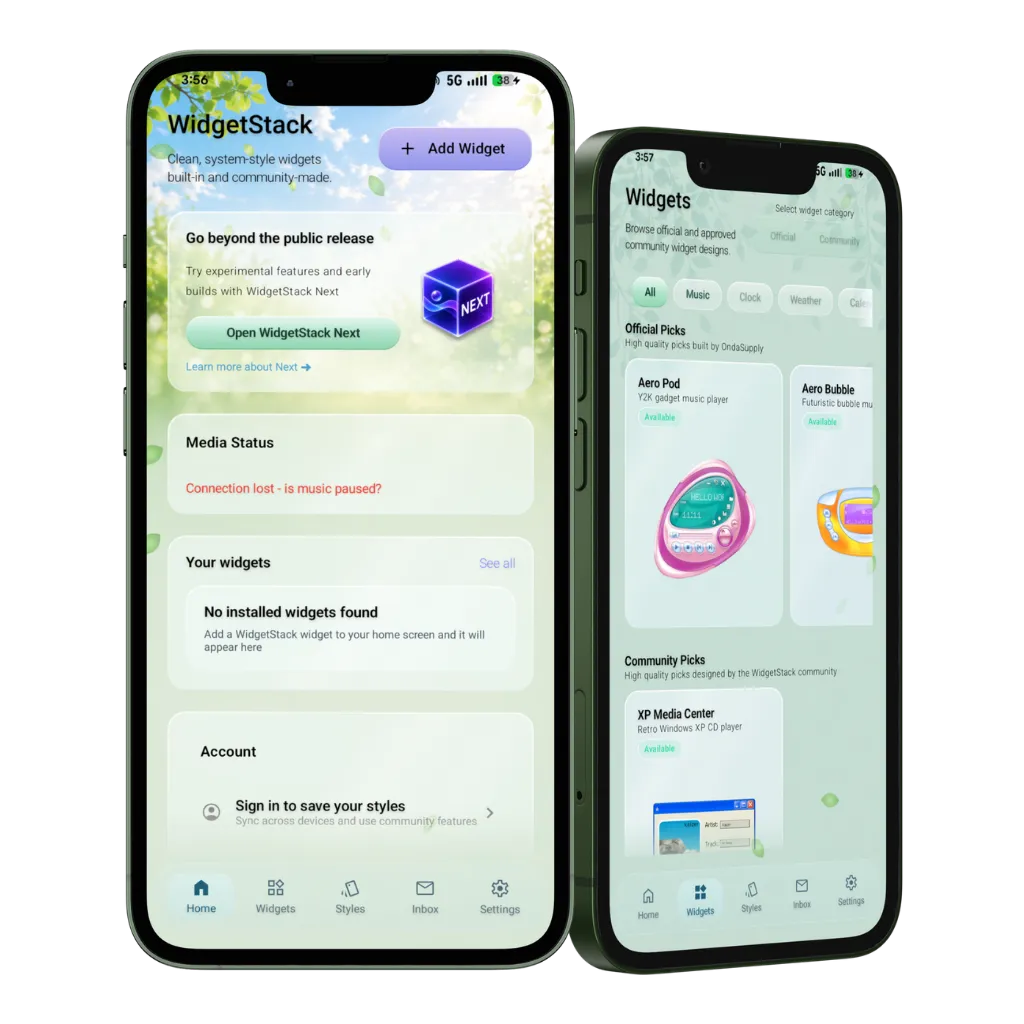 WidgetStack Android app screens shown on two phones